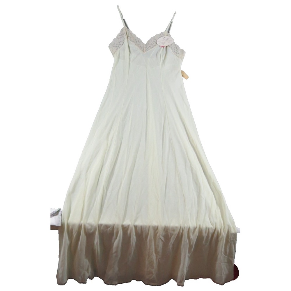 NWT Miss Elaine VTG 70s Crepeset Nylon Nightgown Slip Dress Maxi Lace Cream Sage